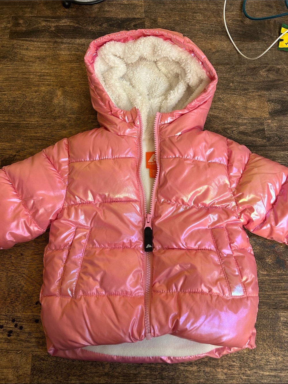 Girls' Shiny Pink Hooded Puffer Jacket with Sherpa Lining